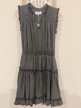 Dear John Gray Smocked Tiered Midi Dress with V-Neck Tie